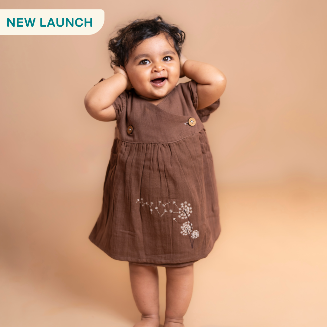 Toffee Brown - Muslin Dandelions Frill Frock