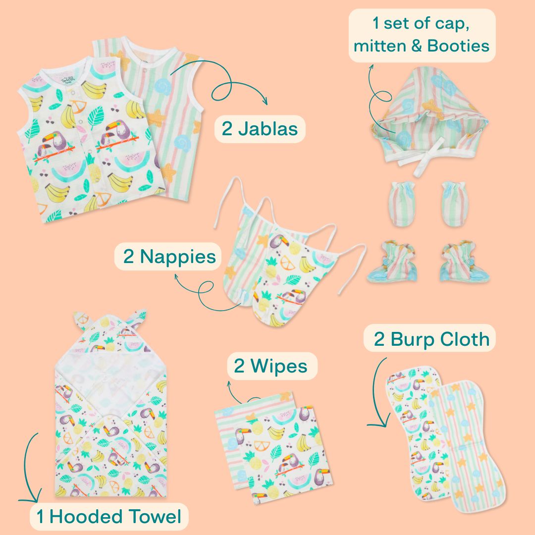 Beaky Stripes- Muslin 12 Piece Combo Pack (0-3M)