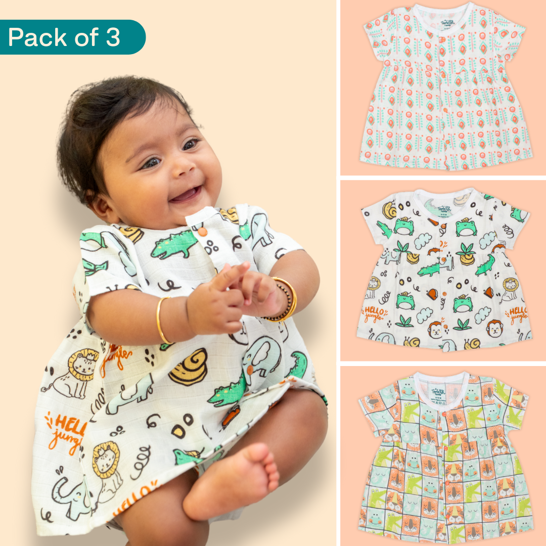 Lil Zoo Box - Muslin Button Frock - Pack of 3