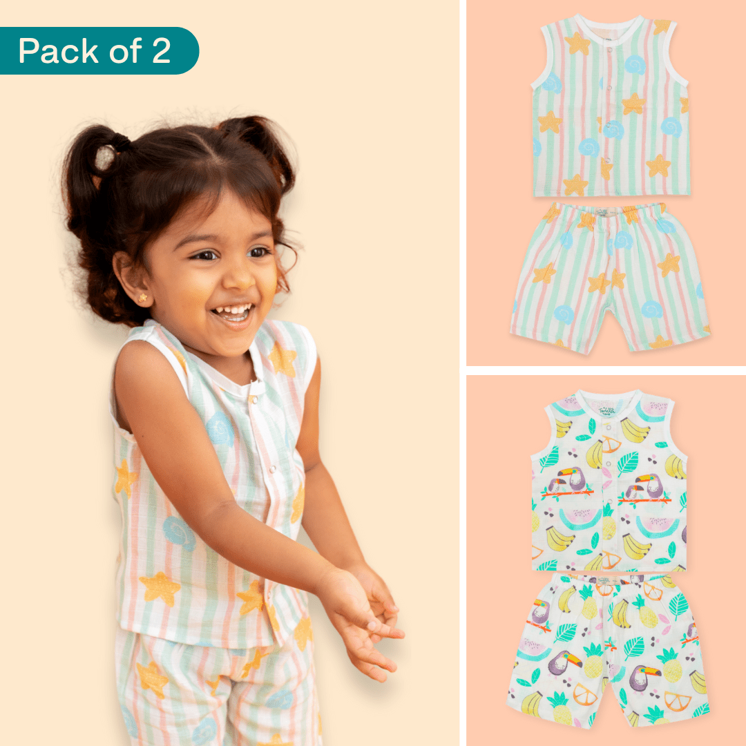Seaside Punch - Muslin Jabla and Shorts for Babies and Toddlers - Pack of 2